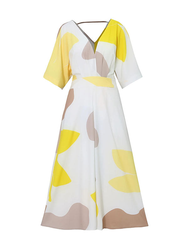 High-Waisted Printed Loose Raglan Sleeve Deep V-Neck Maxi Dresses