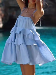 Backless Layered Pleated Solid Color Tied High Waisted Loose Spaghetti-Neck Mini Dresses