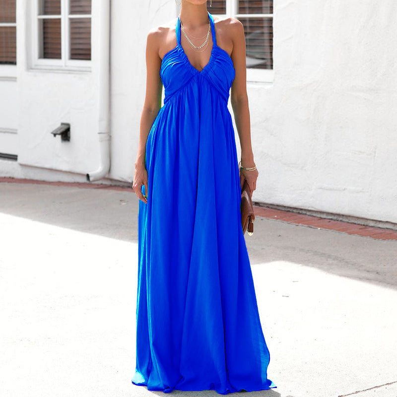 Halter Solid Color V Neck Maxi Dress