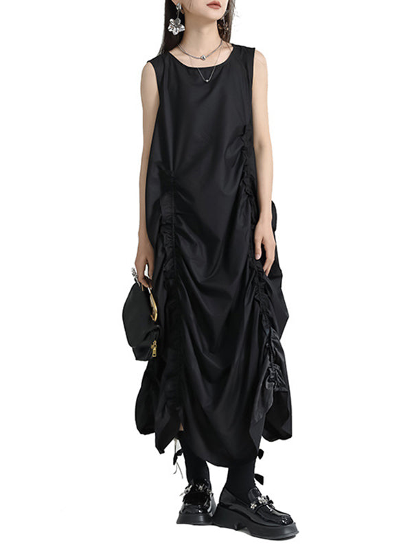 Asymmetric Elasticity Pleated Solid Color Loose Sleeveless Round-Neck Midi Dresses