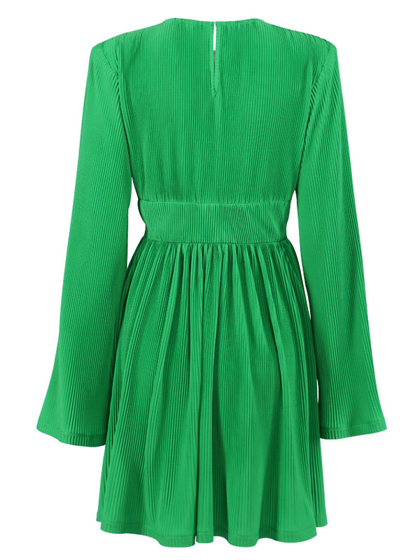 High-Waisted Pleated Solid Color Zipper A-line Flared Sleeves Round-neck Mini Dresses