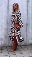 V-neck Leopard Printed Long Sleeve Slit Dress