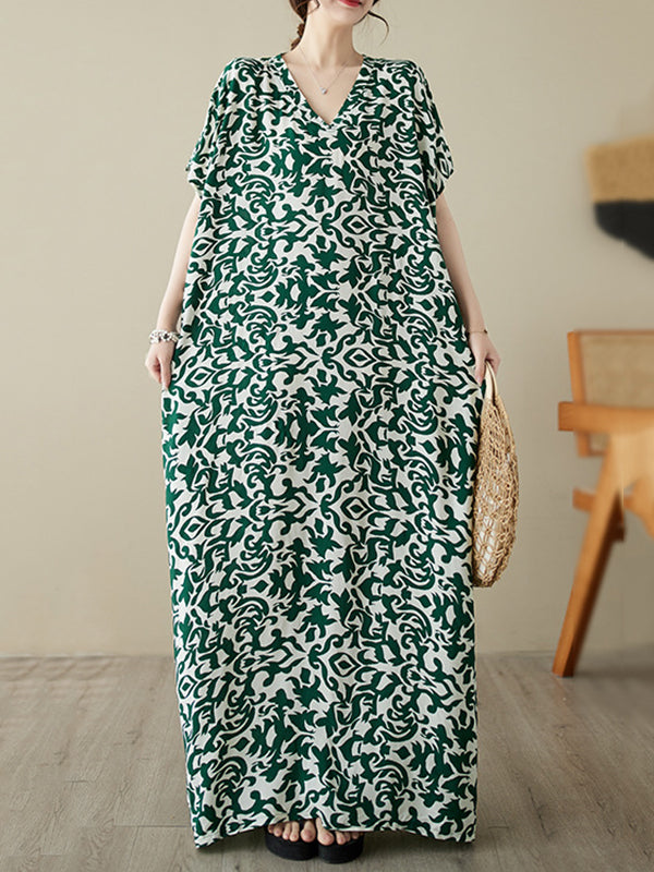 Floral Printed Batwing Sleeves Loose V-Neck Maxi Dresses