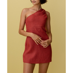 One Shoulder Cotton Linen Mini Dress