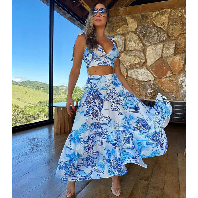 Cut out Lace up Top and skirt set