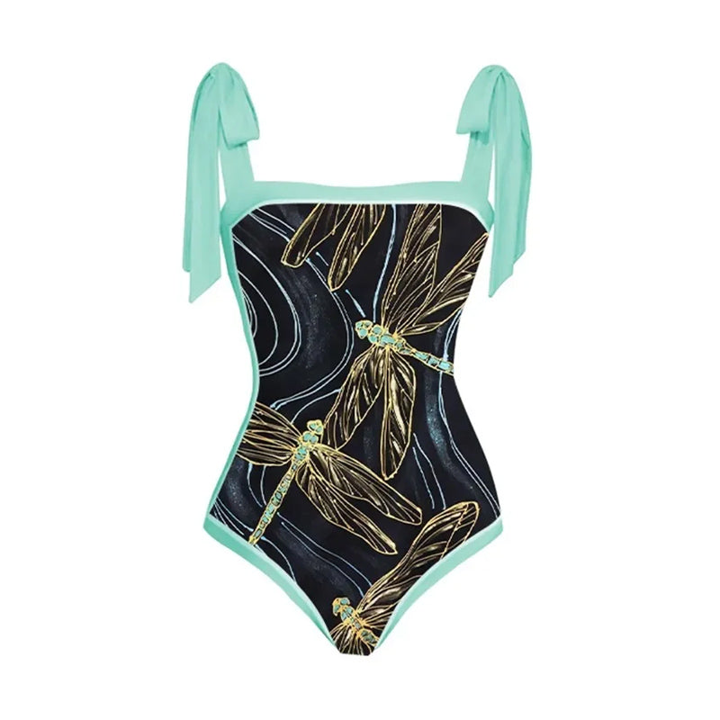 Tie-shoulder Animal Print One Piece Swimsuit and Sarong