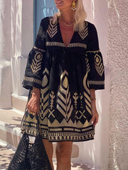 Embroidered Split-Joint Flared Sleeves Loose Deep V-Neck Mini Dresses