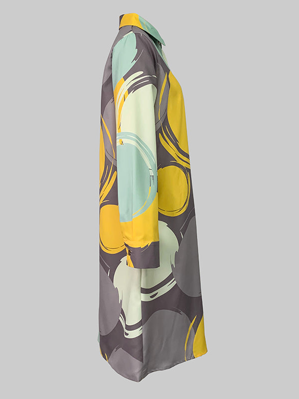 Buttoned Pockets Printed A-line Long Sleeves Lapel Midi Dresses