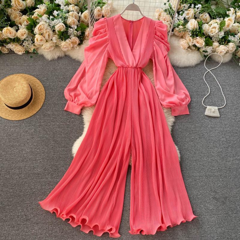V Neck Long Sleeve Solid Color Casual Jumpsuit Flaxmaker