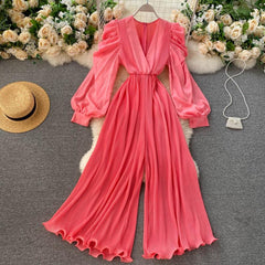 V Neck Long Sleeve Solid Color Casual Jumpsuit Flaxmaker