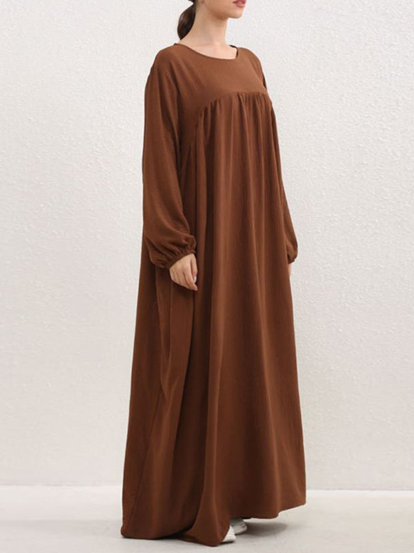 Pleated Solid Color Split-Joint Long Sleeves Loose Round-Neck Maxi Dresses