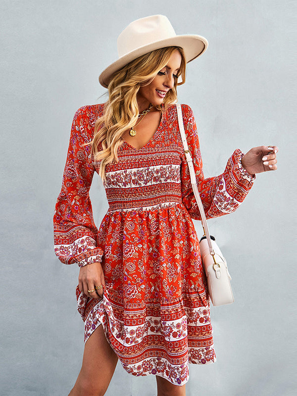 Bohemia A-Line Loose Floral Printed V-Neck Dress
