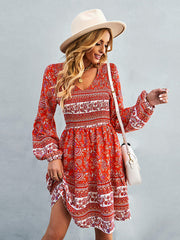 Bohemia A-Line Loose Floral Printed V-Neck Dress