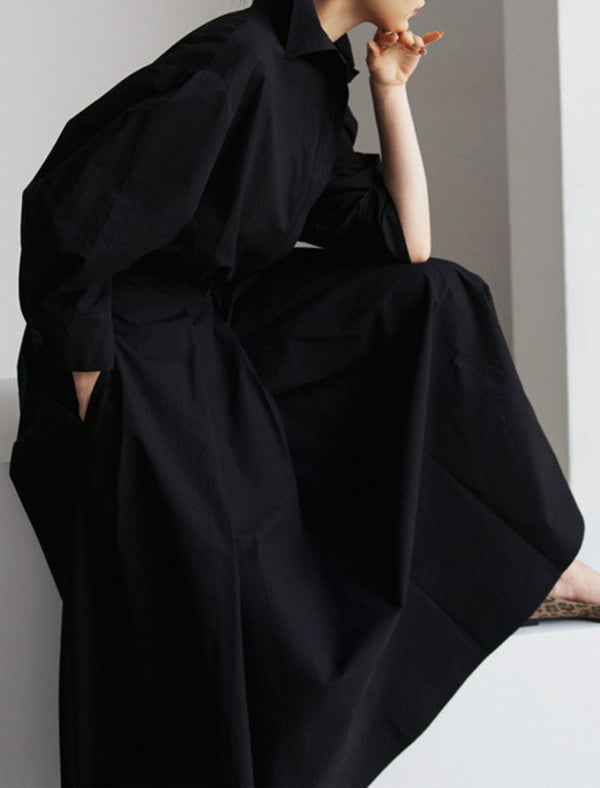 Long Sleeves Loose Pleated Solid Color Split-Joint Tied Waist Lapel Midi Dresses Shirt Dress