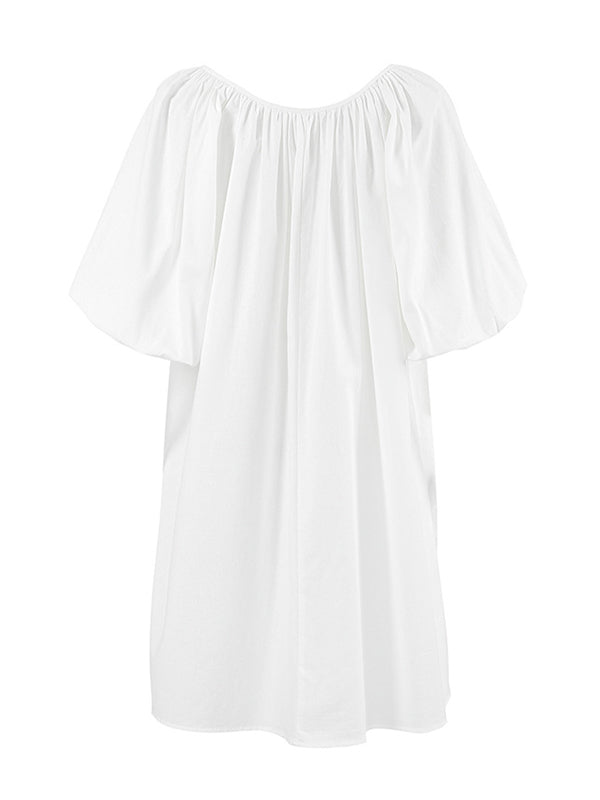 Lace-Up Pleated See-Through Solid Color Loose Puff Sleeves V-Neck Sleep Dress Mini Dresses