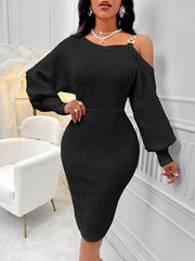 Solid Color Split-Joint Bodycon Long Sleeves Cold Shoulder Midi Dresses