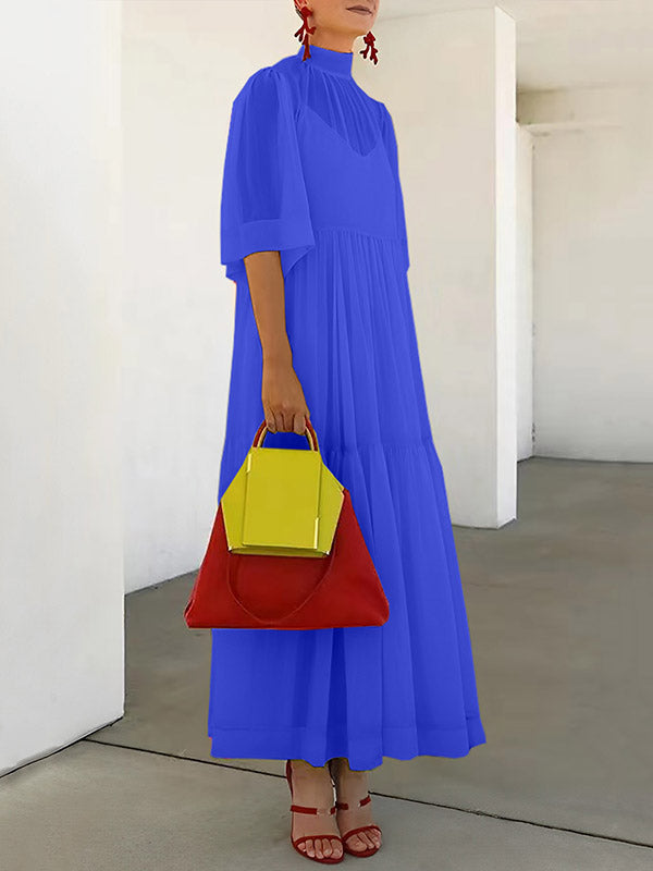 Solid Color Loose Plus Size Split-Joint Inner Dress + Mock Neck Mesh Pleated Outer Dress Two Pieces Set