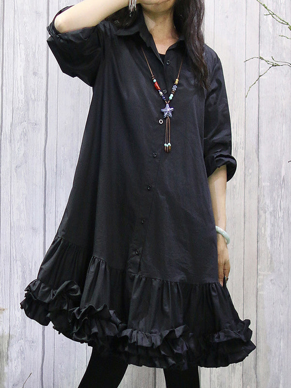 Buttoned Pleated Ruffled Solid Color Long Sleeves Loose Lapel Shirt Dress Midi Dresses