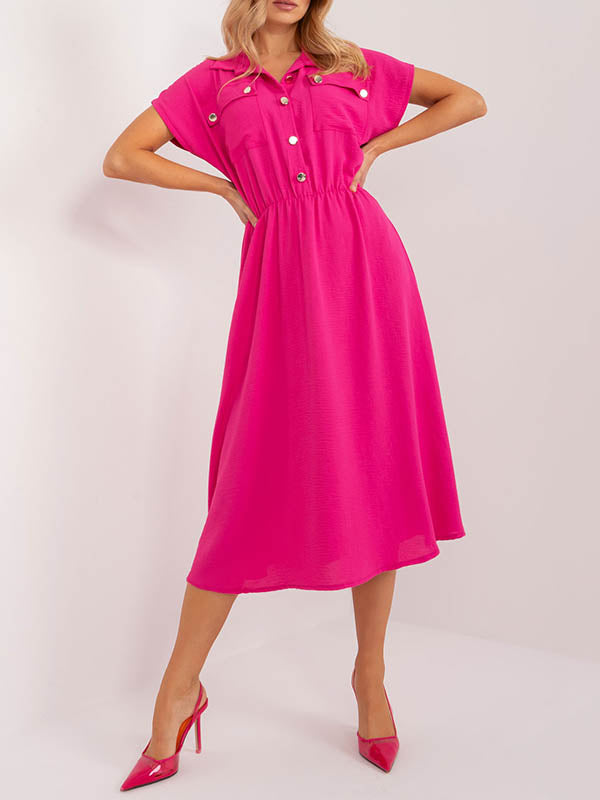 Buttoned Pleated Solid Color A-Line High Waisted Lapel Midi Dresses