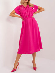 Buttoned Pleated Solid Color A-Line High Waisted Lapel Midi Dresses