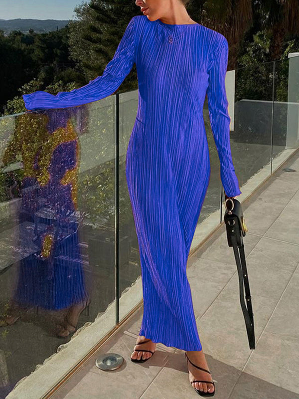 Pleated Solid Color Split-Joint Long Sleeves Skinny Round-Neck Maxi Dresses
