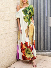 A-Line Loose Elasticity Flower Print One-Shoulder Maxi Dresses