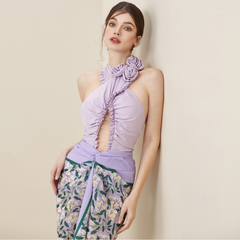 3D Flower Halter Backless One Piece Swimsuit and Sarong Flaxmaker