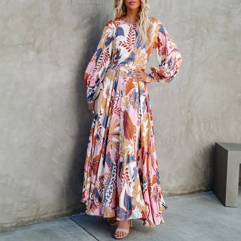 Boat Neck Puff Sleeve Blossom Printed  Dress