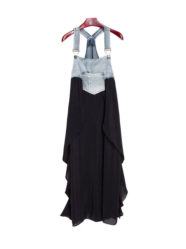 Falbala Split-Joint Irregularity Loose Spaghetti-Neck Maxi Dresses