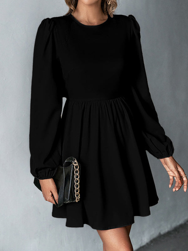 Backless Elasticity Hollow Pleated Solid Color Tied A-Line Bishop Sleeve Round-Neck Mini Dresses