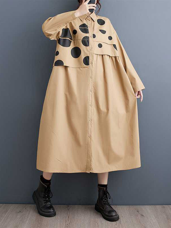 Asymmetric Buttoned Polka Dot Split-Joint A-Line Long Sleeves Lapel Midi Dresses