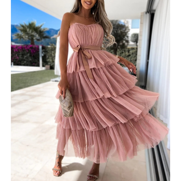 Mesh Temperament Wrapped Breast Sexy Cake Layer Midi Dress