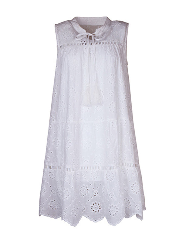 Hollow Lace-Up Solid Color Loose Sleeveless Round-neck Mini Dresses