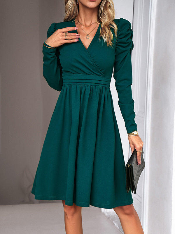 Pleated Solid Color Split-Joint Puff Sleeves Skinny V-Neck Midi Dresses