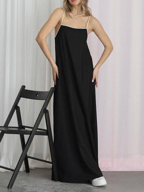 Split-Joint A-Line Loose Spaghetti-Neck Maxi Dresses