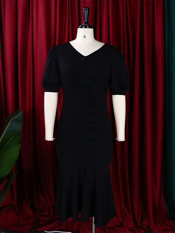 Pleated Solid Color Zipper Bodycon Mermaid V-Neck Midi Dresses