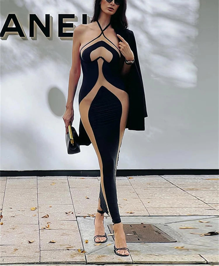 Black Mesh Patchwork Halter Bodycon Midi Dress