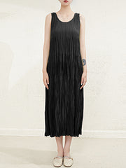 Pleated Solid Color Split-Joint Loose Sleeveless Round-Neck Midi Dresses