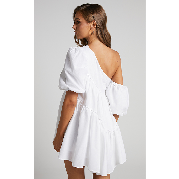 Asymmetrical Trim Puff Sleeve Mini Dress