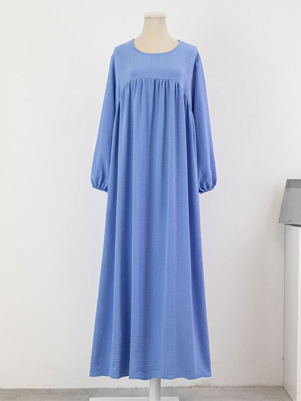 Pleated Solid Color Split-Joint Long Sleeves Loose Round-Neck Maxi Dresses