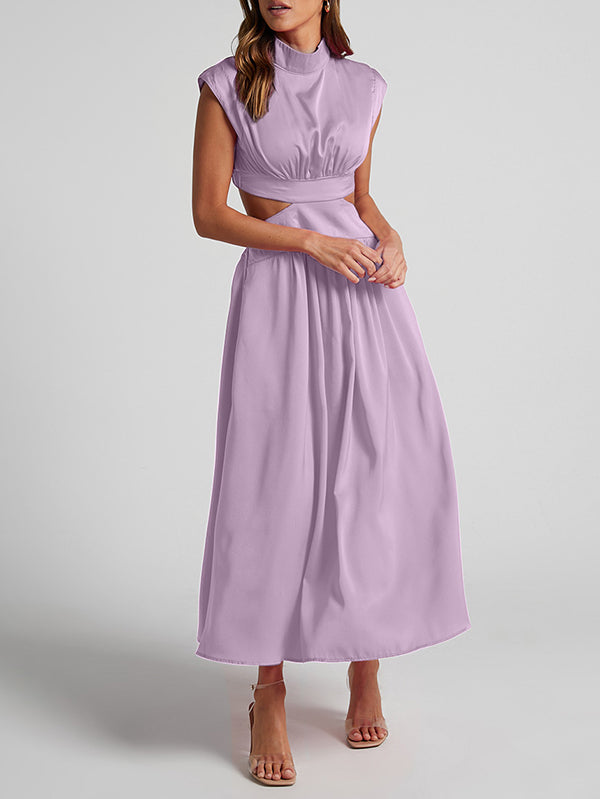 Belly-Hollow Pleated Solid Color Cap Sleeve Stand Collar Maxi Dresses