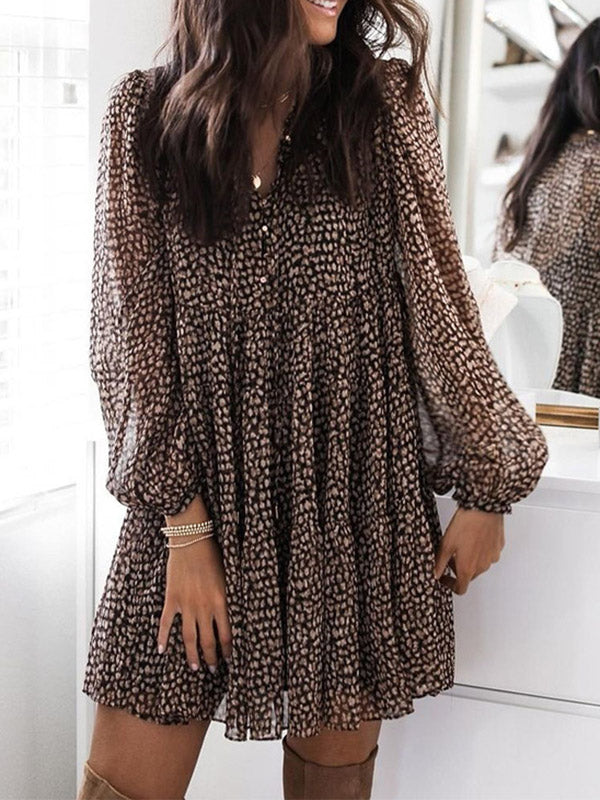 Buttoned Leopard Pleated Long Sleeves Loose V-Neck Mini Dresses