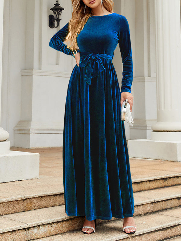 Belted Pleated Solid Color Zipper Long Sleeves Wrap Round-Neck Maxi Dresses