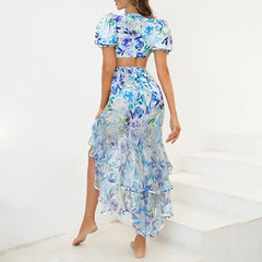 Cutout Puff Sleeve Printed One Piece Swimsuit and Sarong Flaxmaker