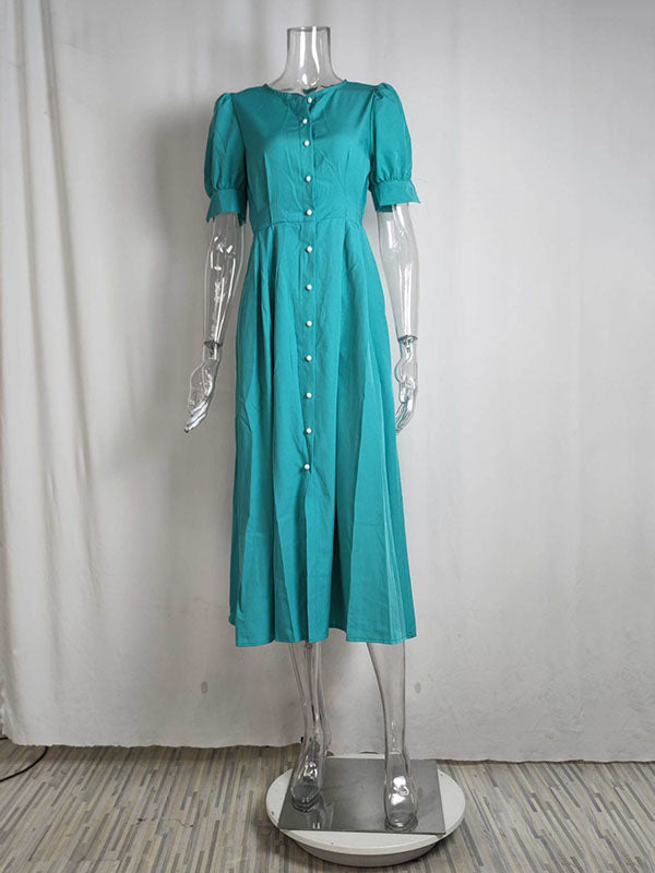 Buttoned High Waisted Loose Round-neck Midi Dresses