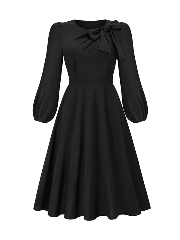 Asymmetric Bowknot Elasticity Solid Color A-Line Long Sleeves Round-Neck Midi Dresses