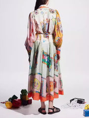 Flower Print Patchwork Lapel Collar Maxi Dresses