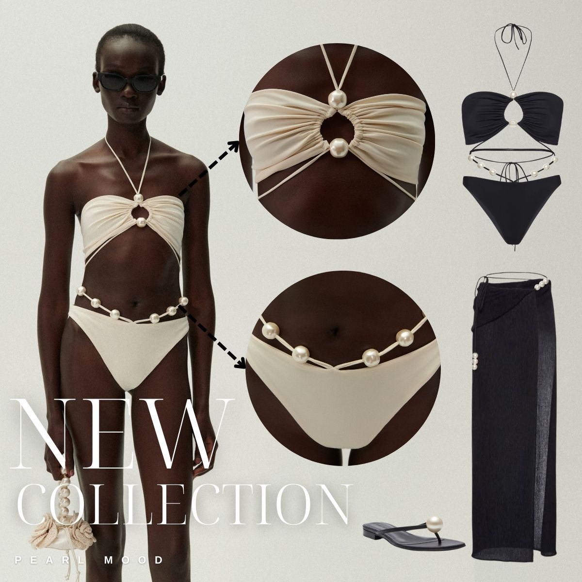 Halterneck Pearl Bandeau High Waist Bikini Swimsuit and Sarong (Shipped on Jan 13th)