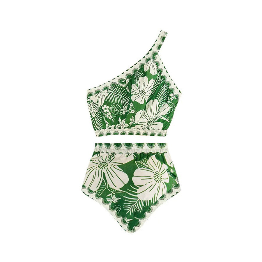 One Shoulder Green Flower Printed One Piece Swimsuit and Skirt