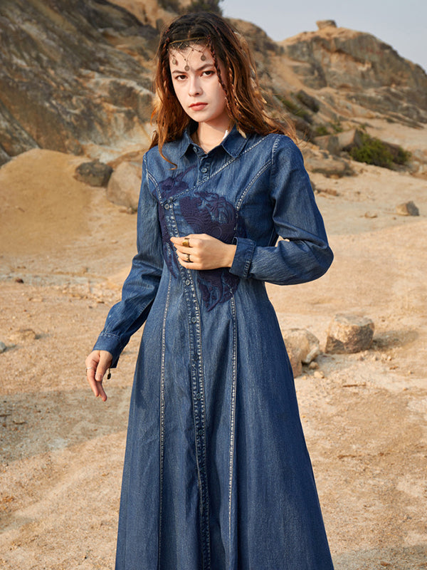 Vintage Bohemia Embroidered A-Line Dress Denim Midi Dress